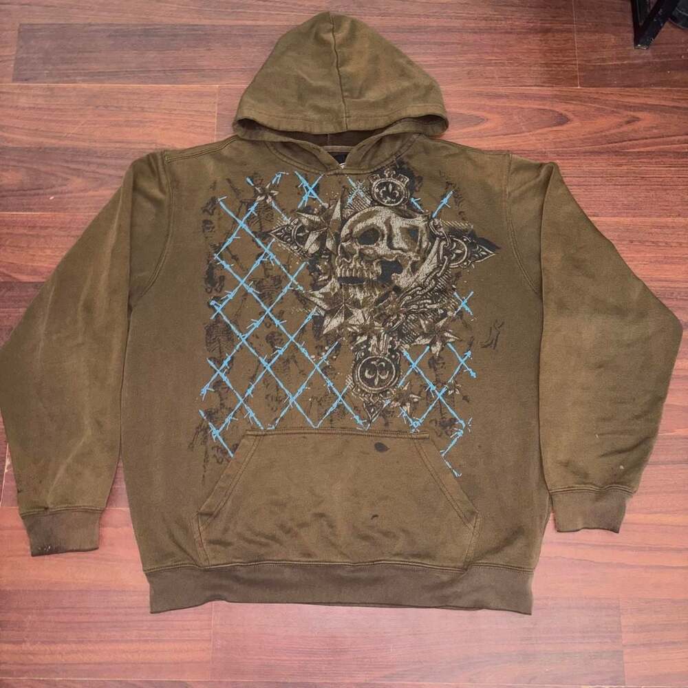 Hybrid Apparel Y2K Skull Graphic Hoodie Brown